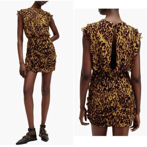 All Saints Hali Pleated Ruffle Leopard Black Yellow Mini Dress Size 4 NWT $329